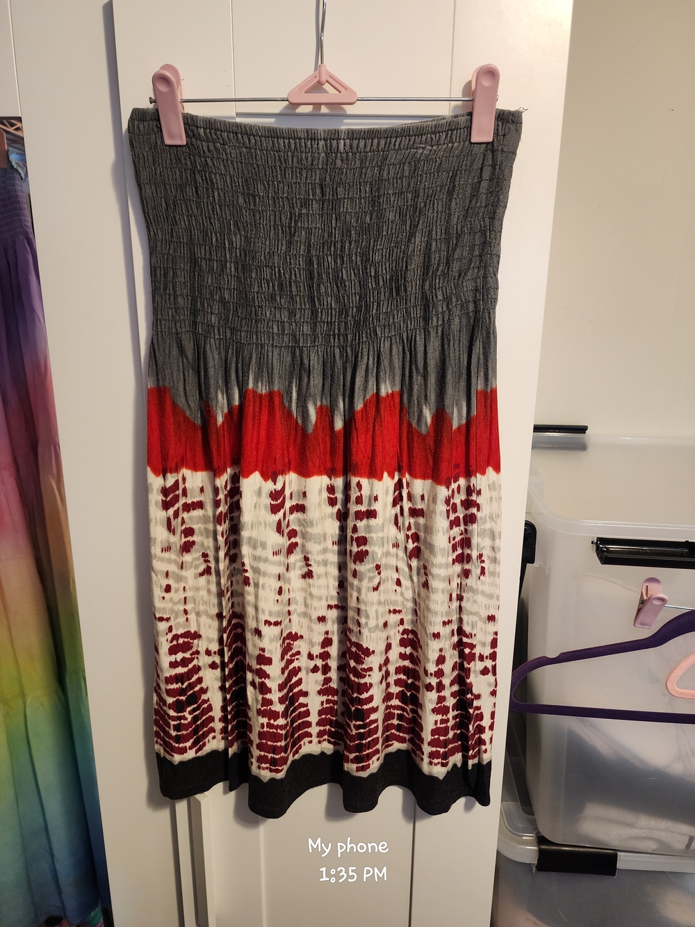 Forever 21 Gray, Red & White Tie-Dye Smocked Midi Skirt